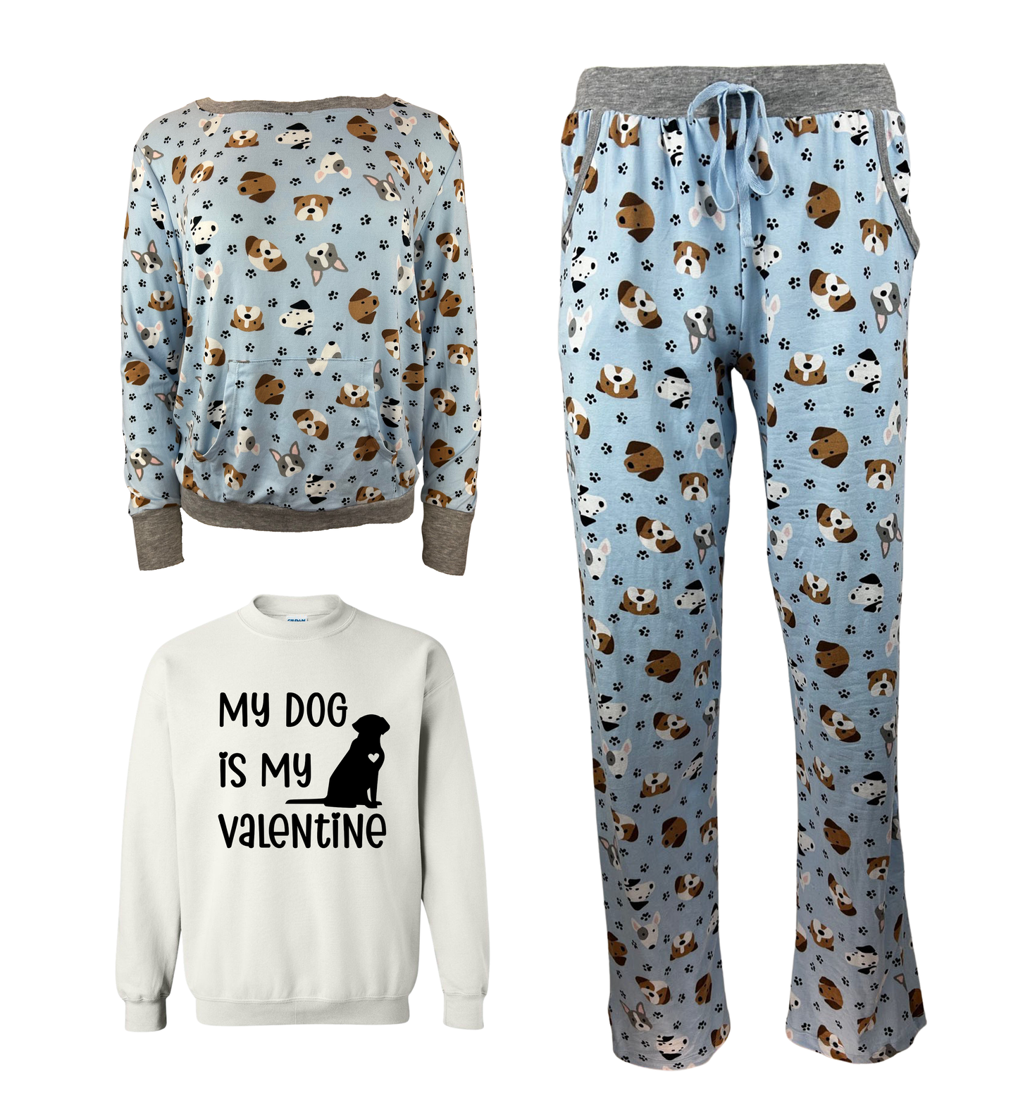 My Dog Is My Valentine Blue Women's 3 Piece Dog Pajama Set - In 3 Color Choices