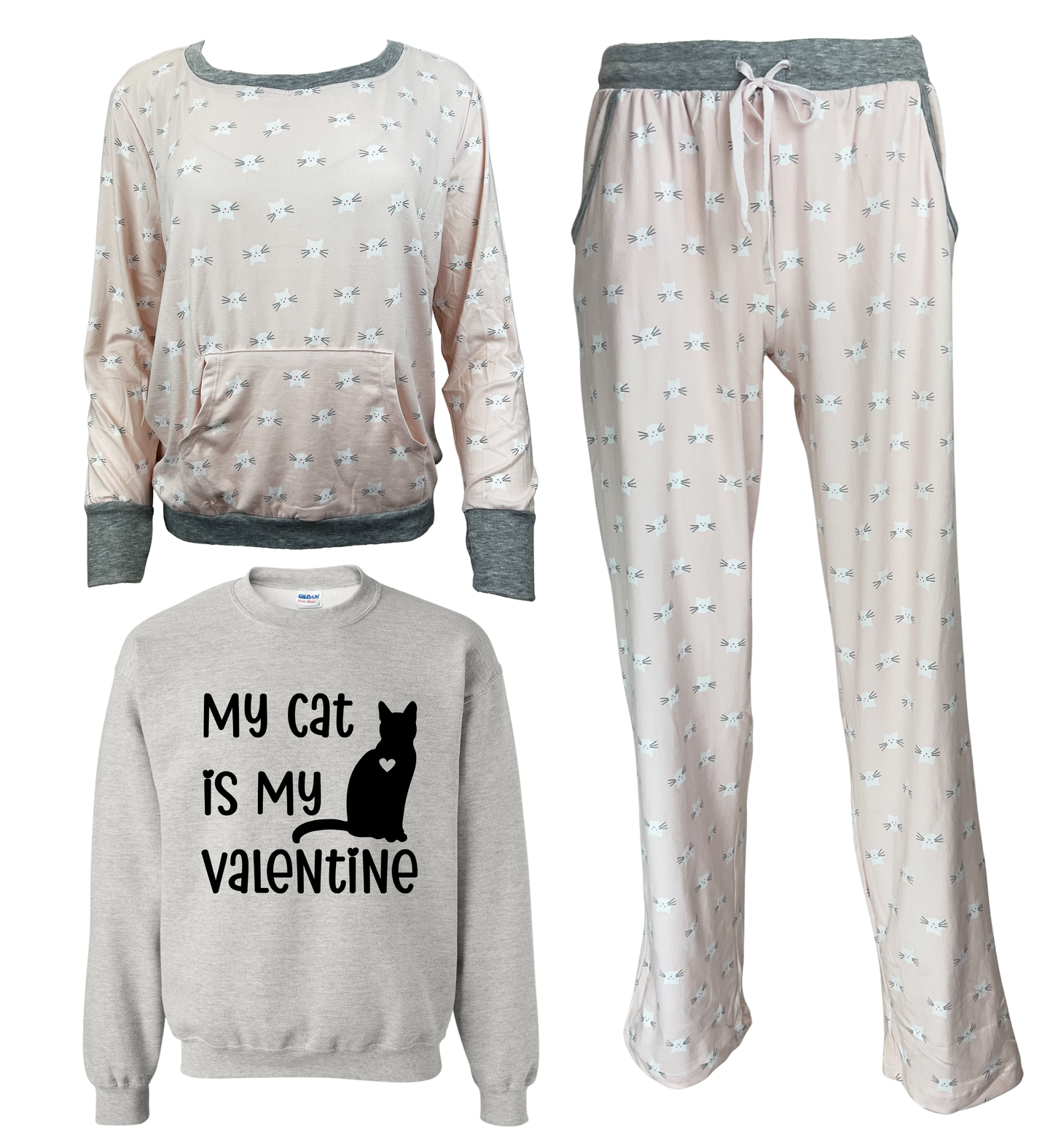 My Cat Is My Valentine Women's 3 Piece Cat Pajama Set - In 3 Color Choices