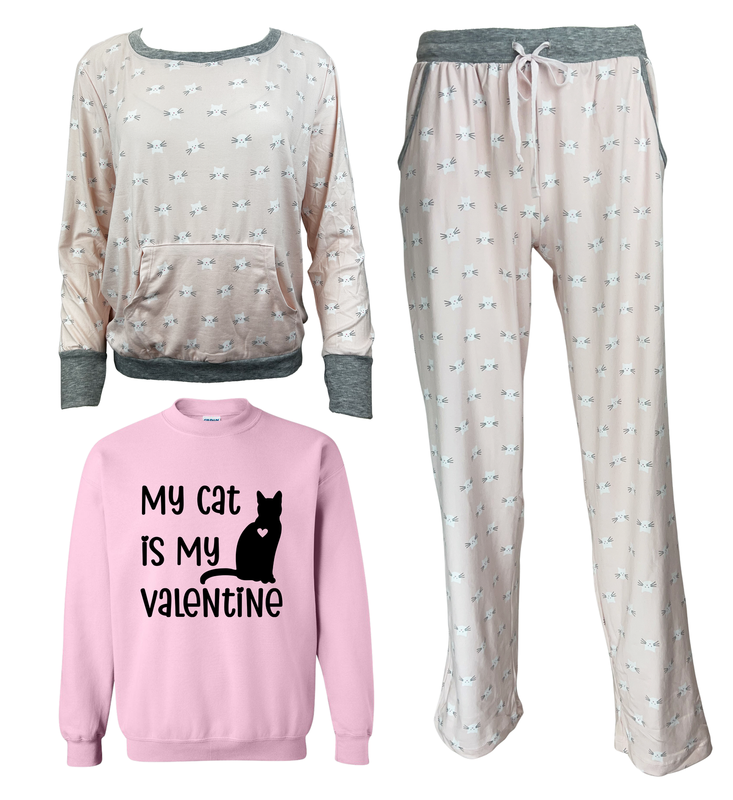 My Cat Is My Valentine Women's 3 Piece Cat Pajama Set - In 3 Color Choices