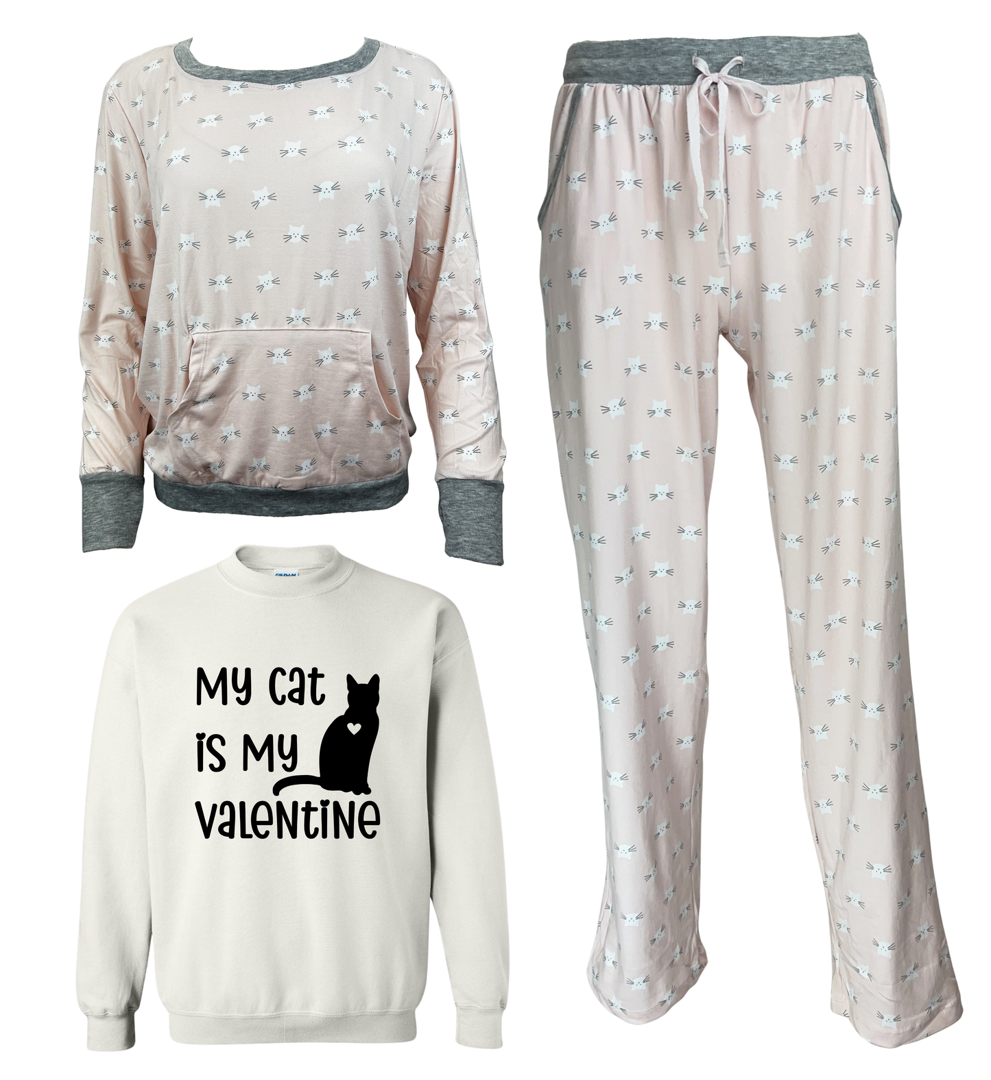 My Cat Is My Valentine Women's 3 Piece Cat Pajama Set - In 3 Color Choices