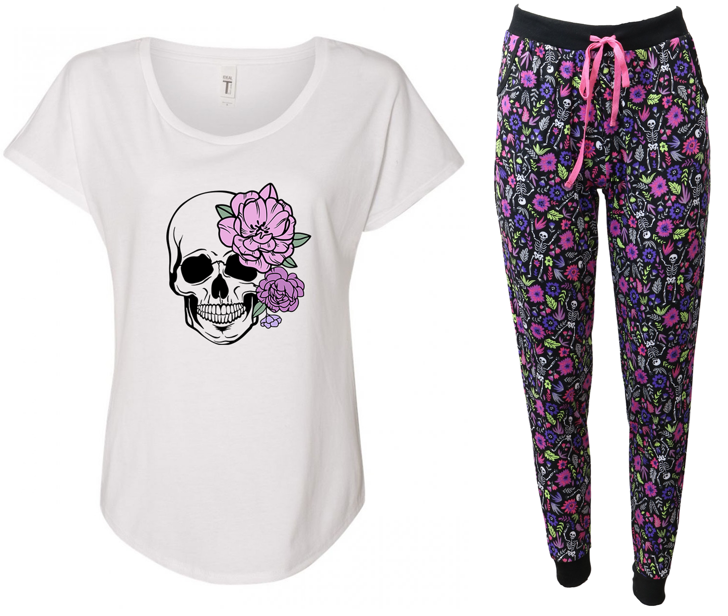 Purple Floral Skull Jogger Pajama Set w/ Pockets