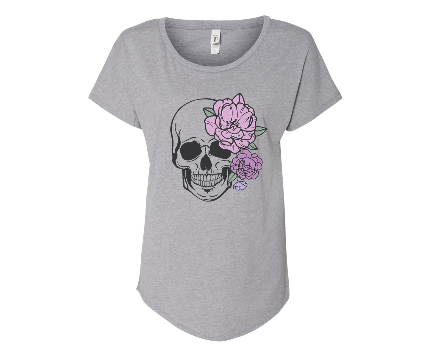 Purple Floral Skull Ladies Tee Shirt - In Grey & White