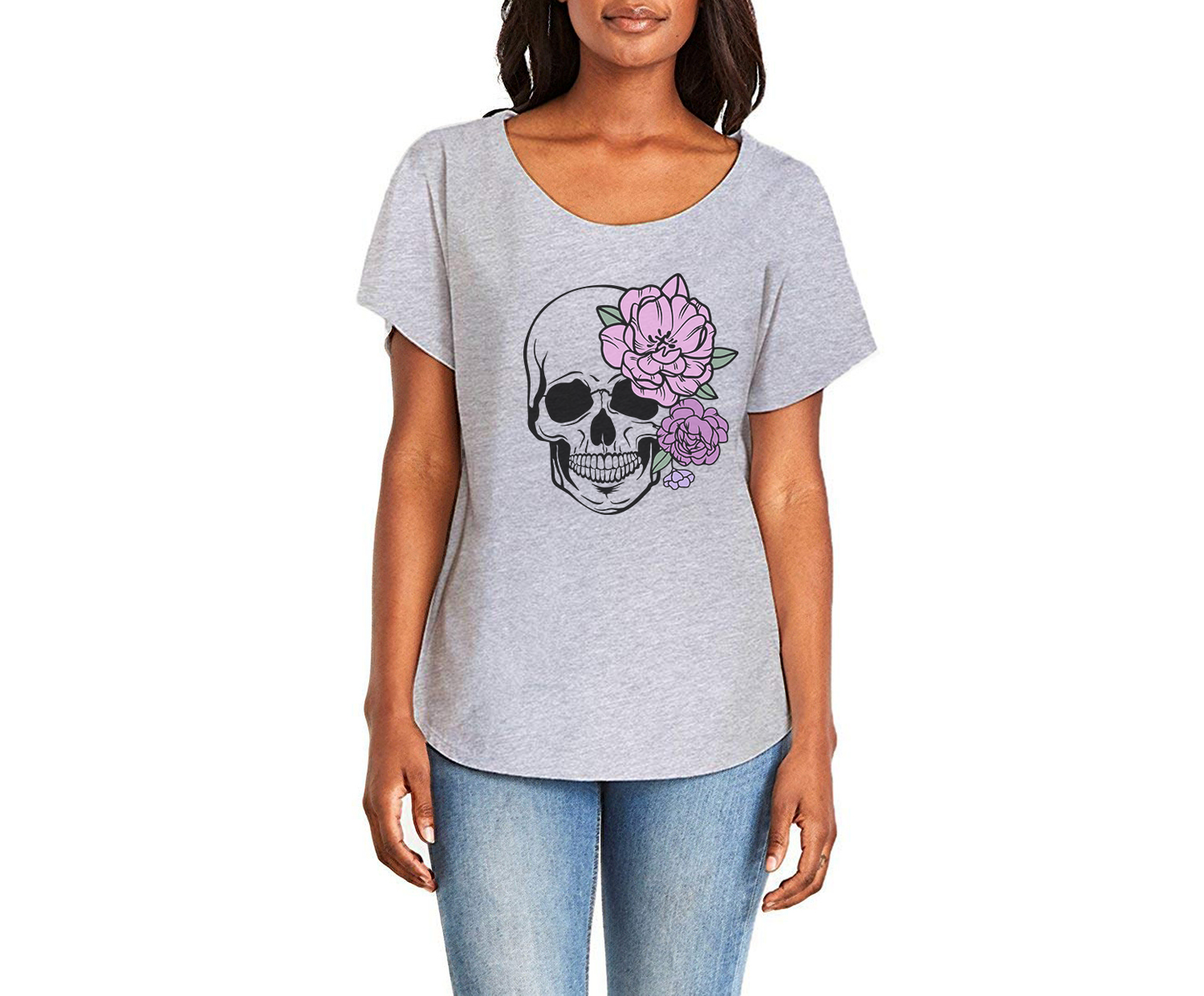 Purple Floral Skull Ladies Tee Shirt - In Grey & White