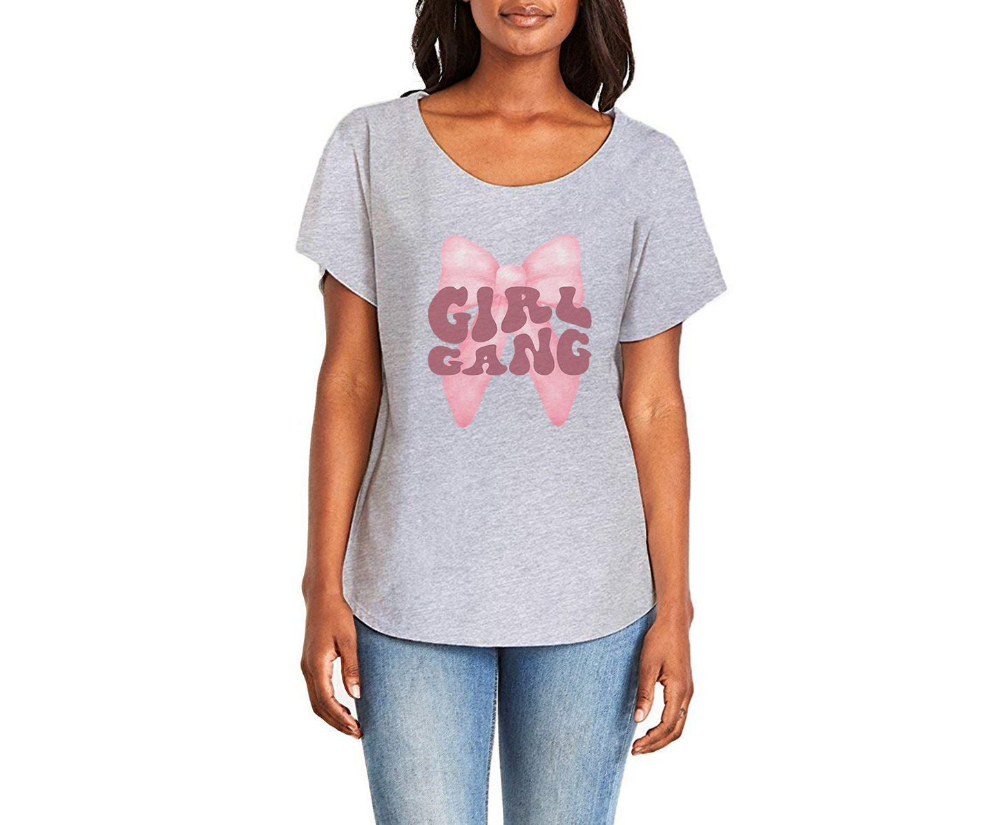 Pink Bow Girl Gang Ladies Tee Shirt - In Grey & White
