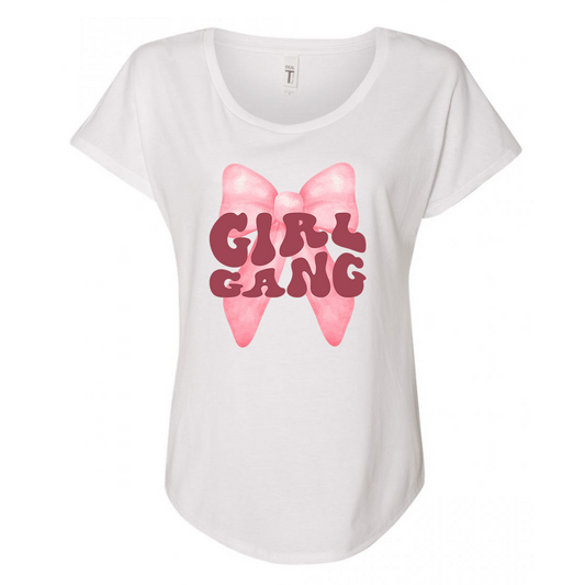 Pink Bow Girl Gang Ladies Tee Shirt - In Grey & White