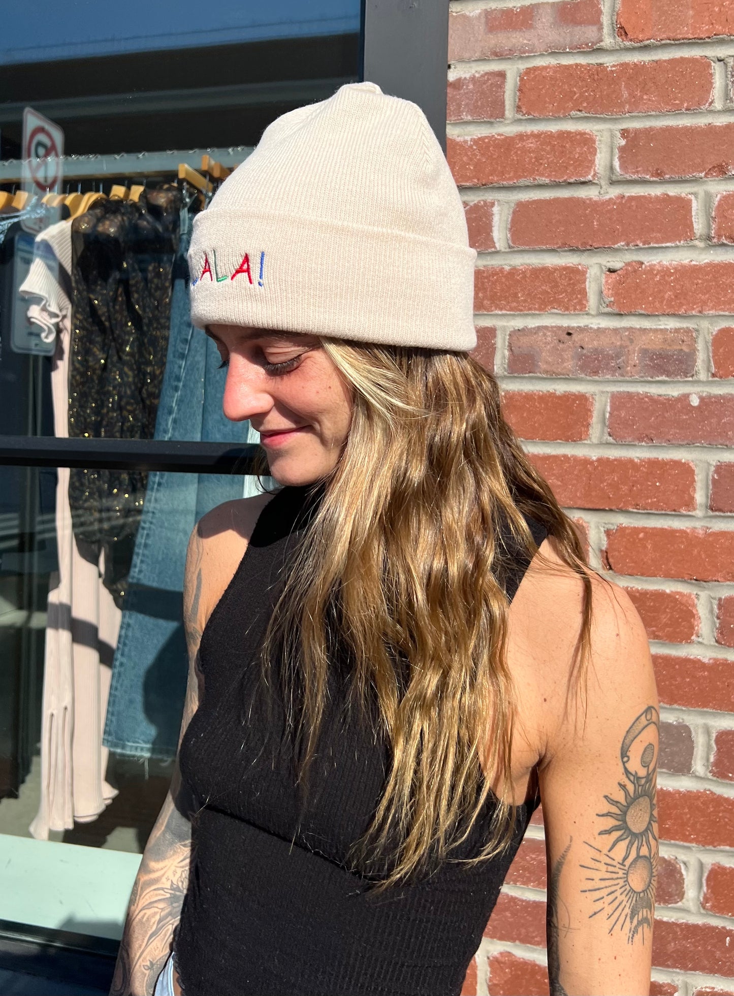 Falala! Embroidered Beige Knit Beanie
