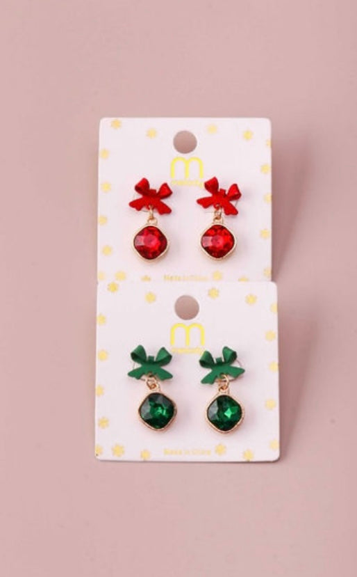 Holiday Christmas Bow Drop Crystal Earring - In 2 Colors
