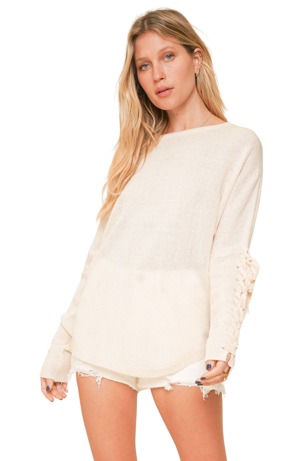 Lace Up Sleeve Boat Neck Knit Boat Neck Sweater - Ivory