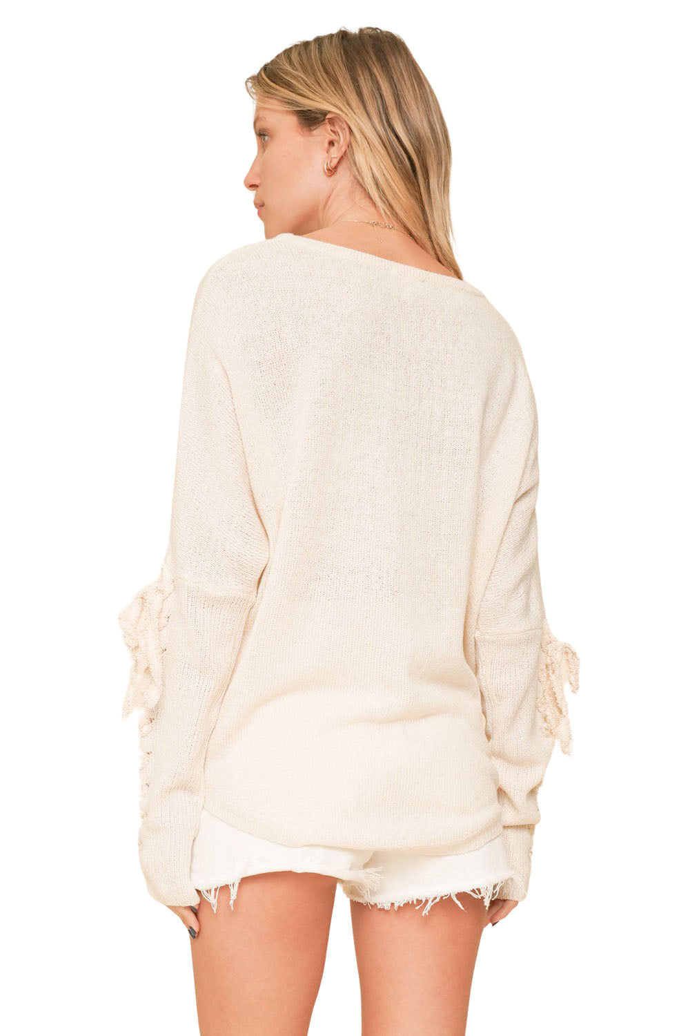 Lace Up Sleeve Boat Neck Knit Boat Neck Sweater - Ivory