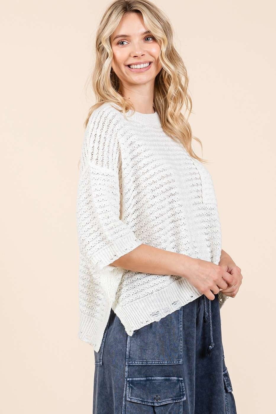 Distressed Hem Drop Shoulder Knit Sweater Top - Ivory