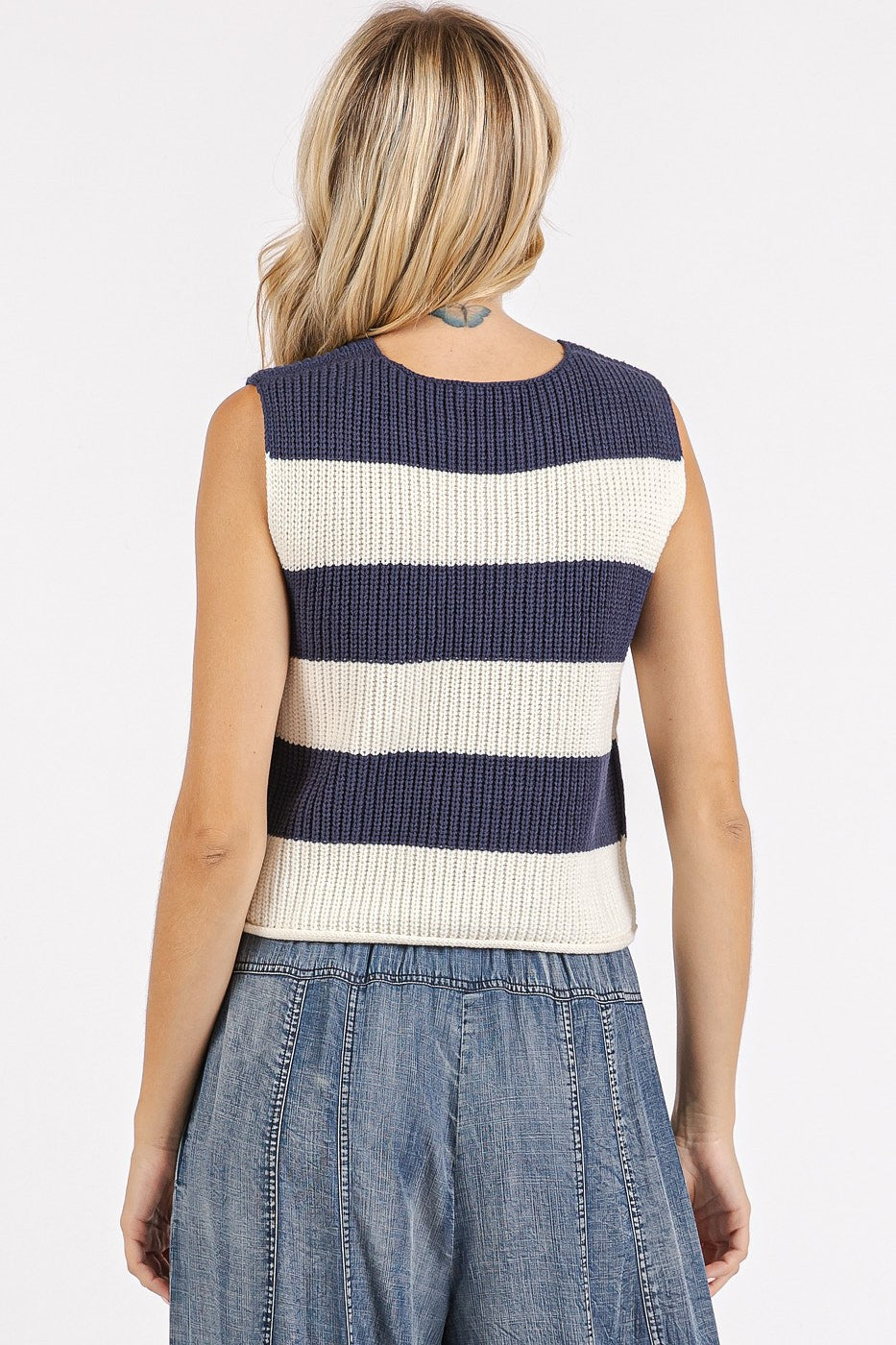 Wide Striped V-Neck Sweater Vest Top - Navy Blue & White