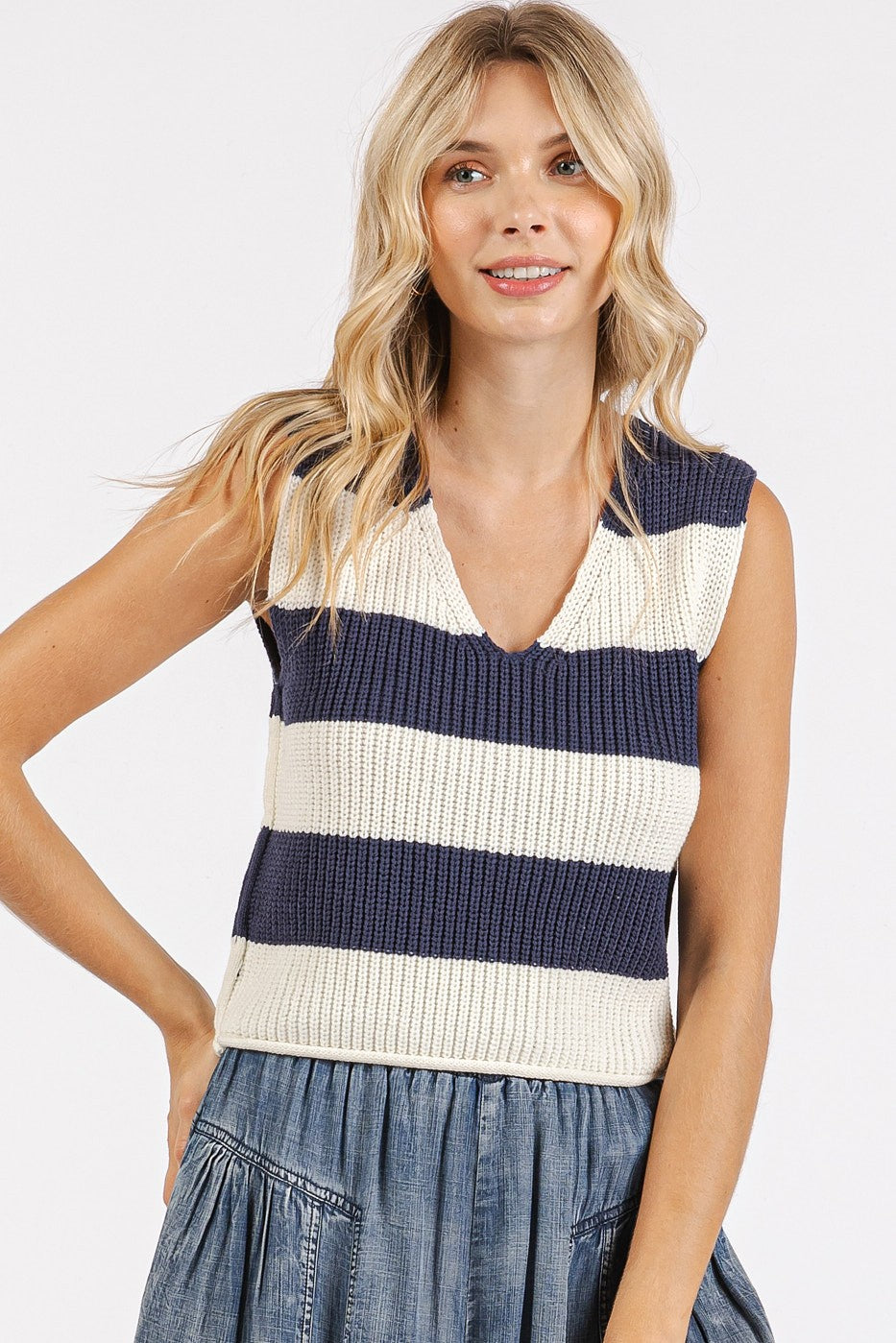 Wide Striped V-Neck Sweater Vest Top - Navy Blue & White