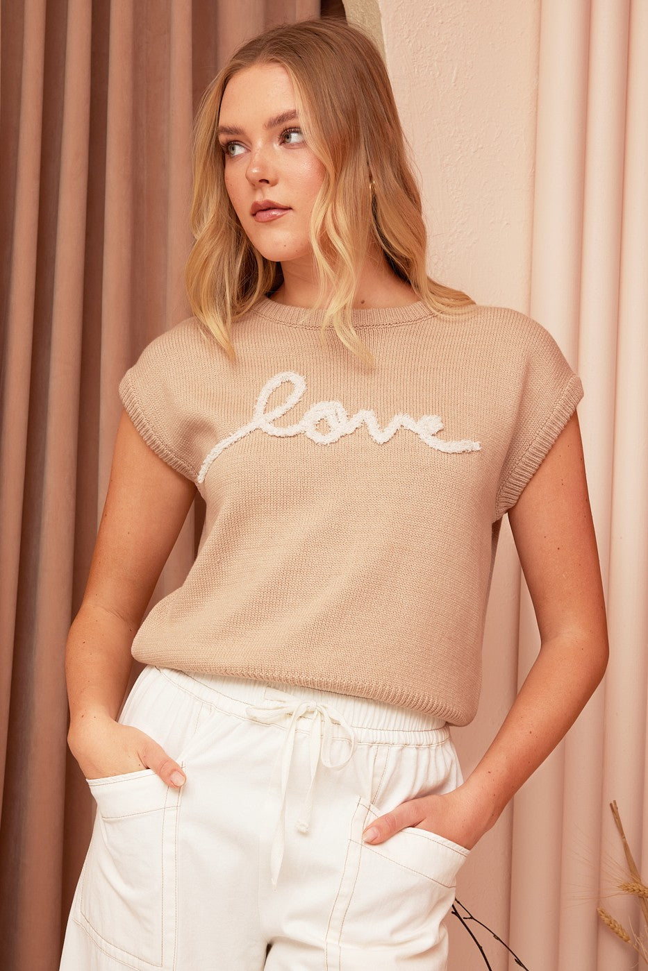 Creamy Love Lettering Cap Sleeve Sweater Knit Top - Tan