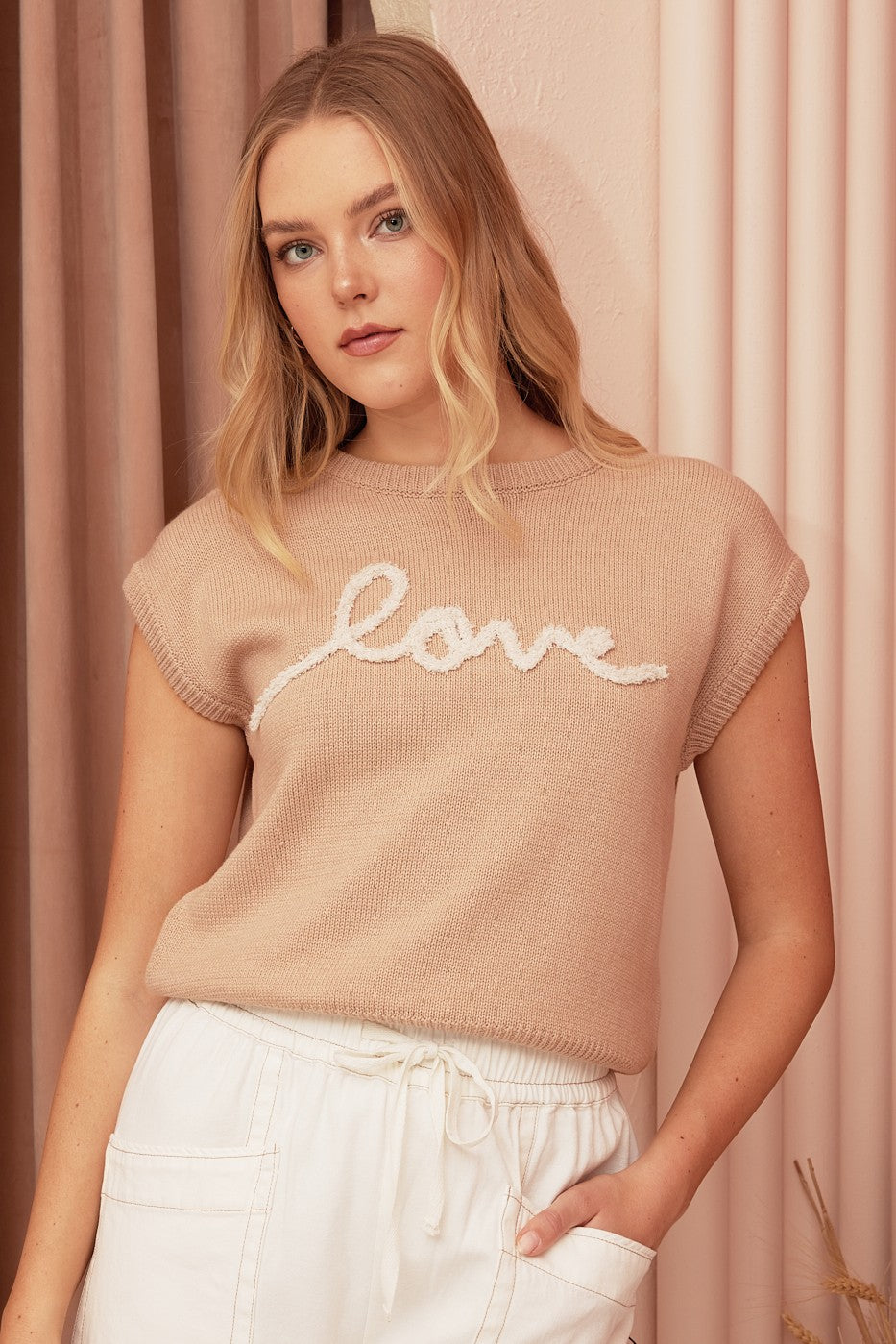 Creamy Love Lettering Cap Sleeve Sweater Knit Top - Tan