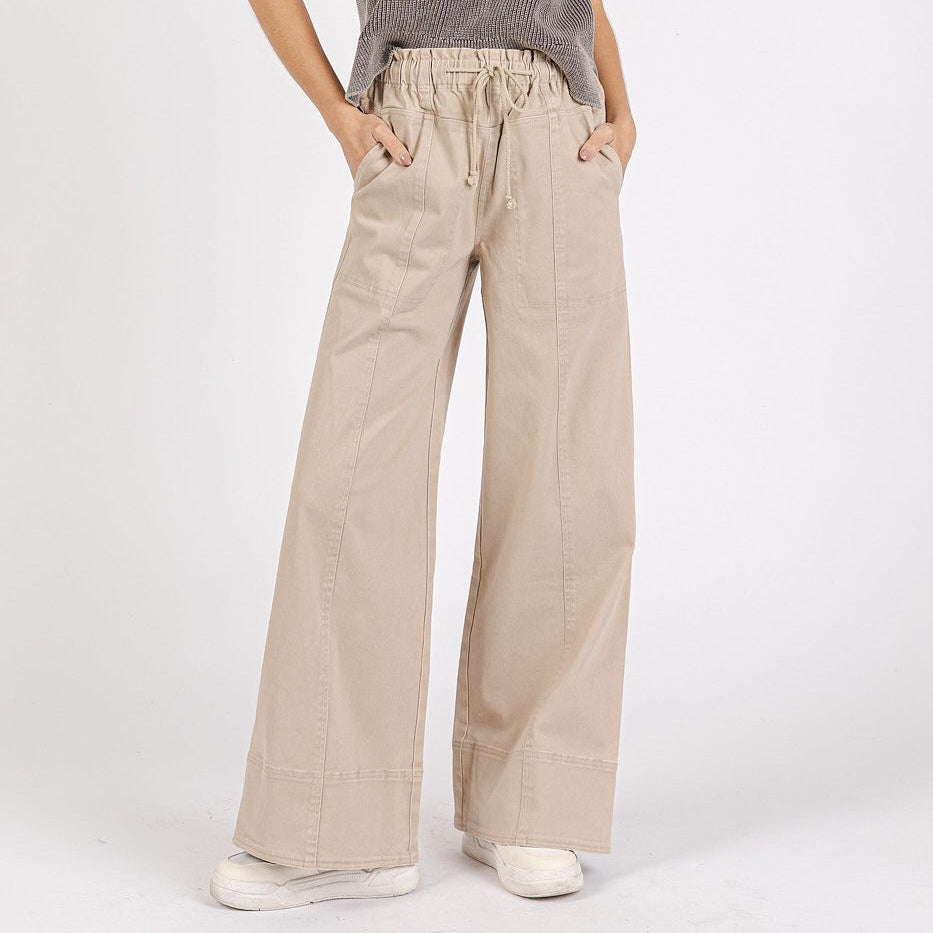 Mineral Wash Wide Leg Structured Elastic Waist Pants - Stone Tan