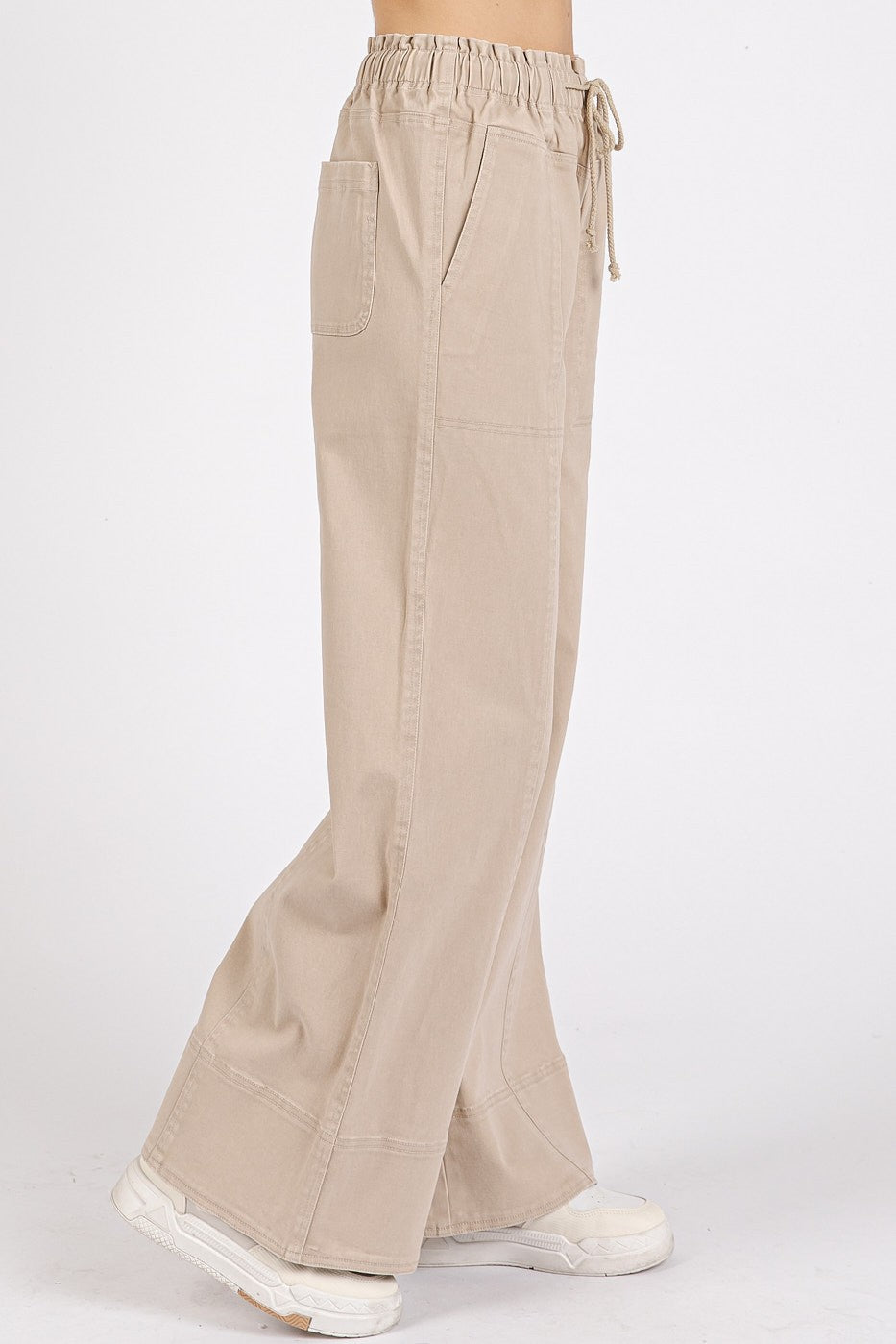 Mineral Wash Wide Leg Structured Elastic Waist Pants - Stone Tan