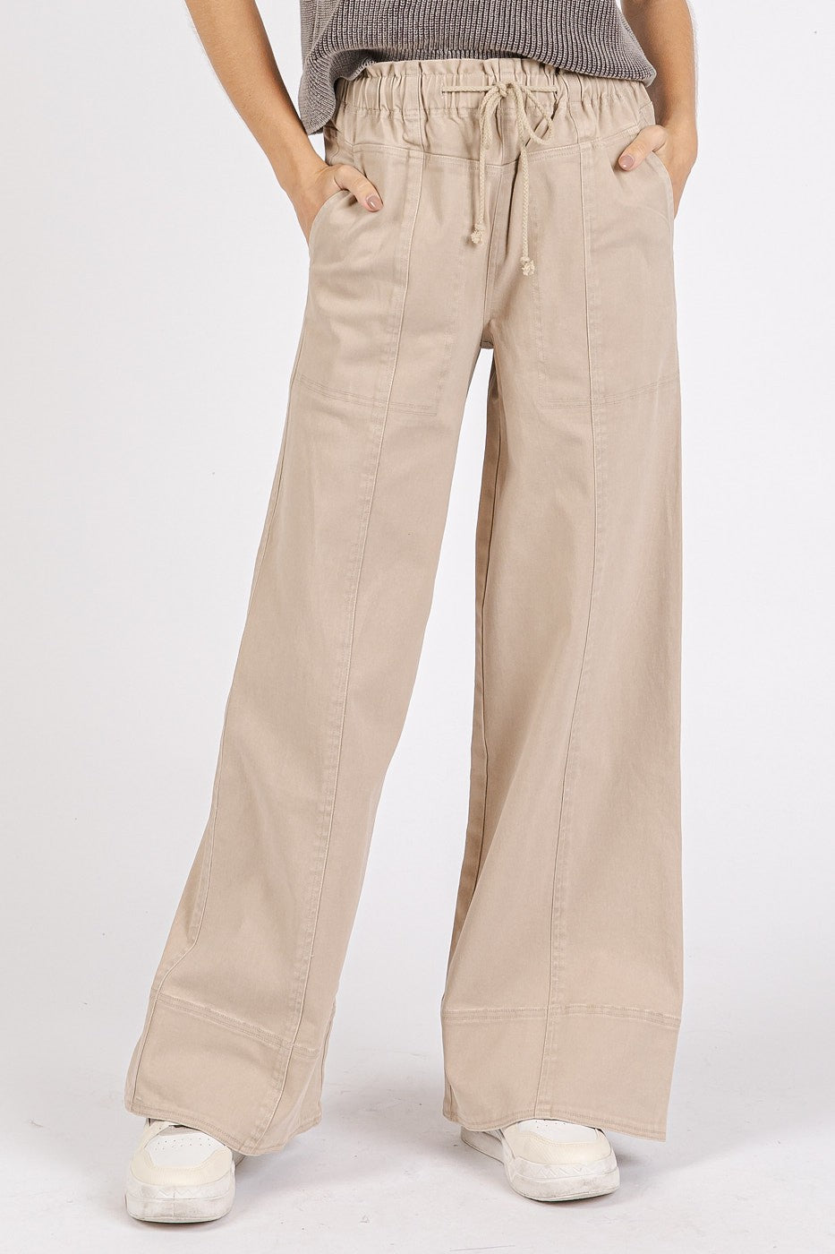 Mineral Wash Wide Leg Structured Elastic Waist Pants - Stone Tan