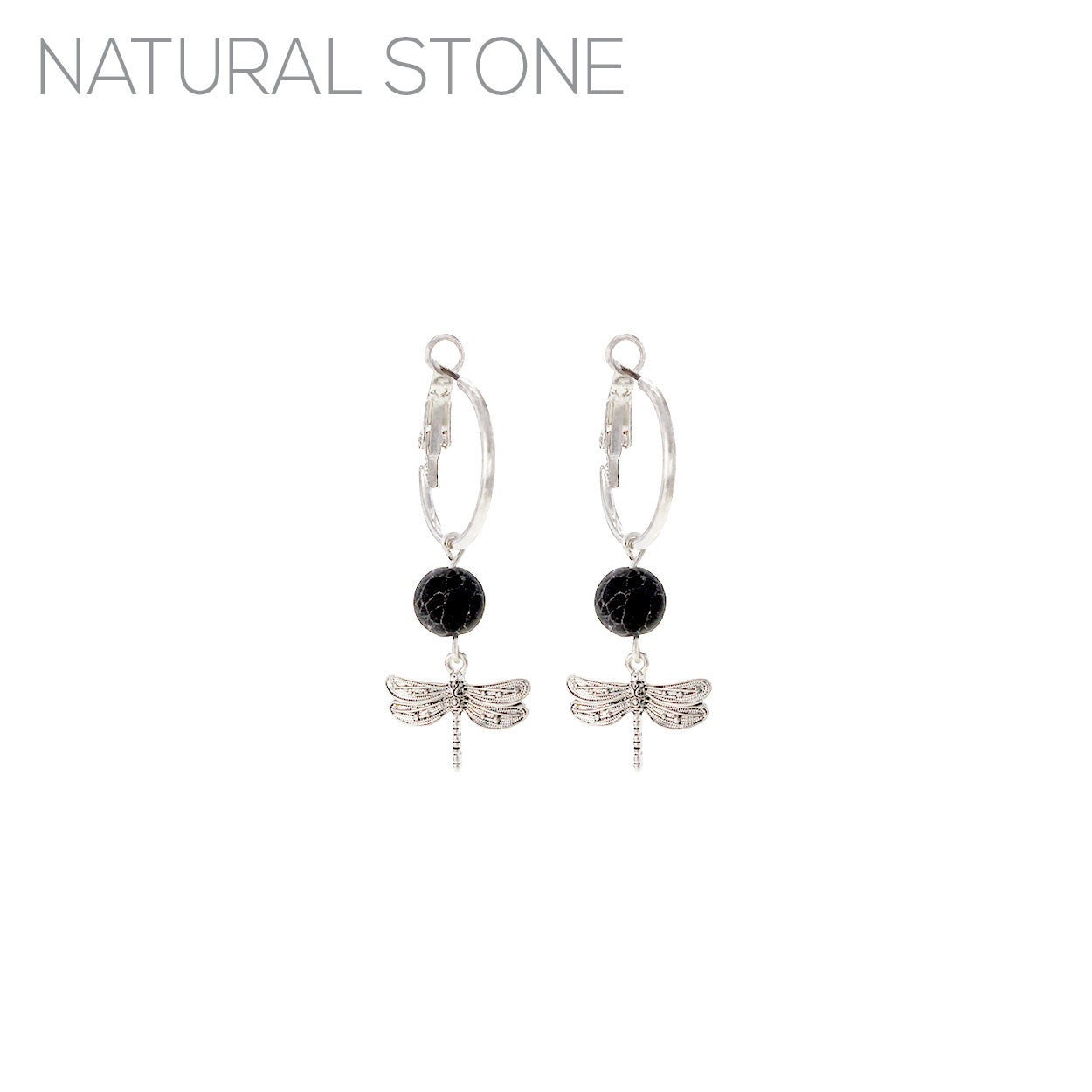 Natural Stone Dragonfly Drop Hoop Earring - In Gold & Silver