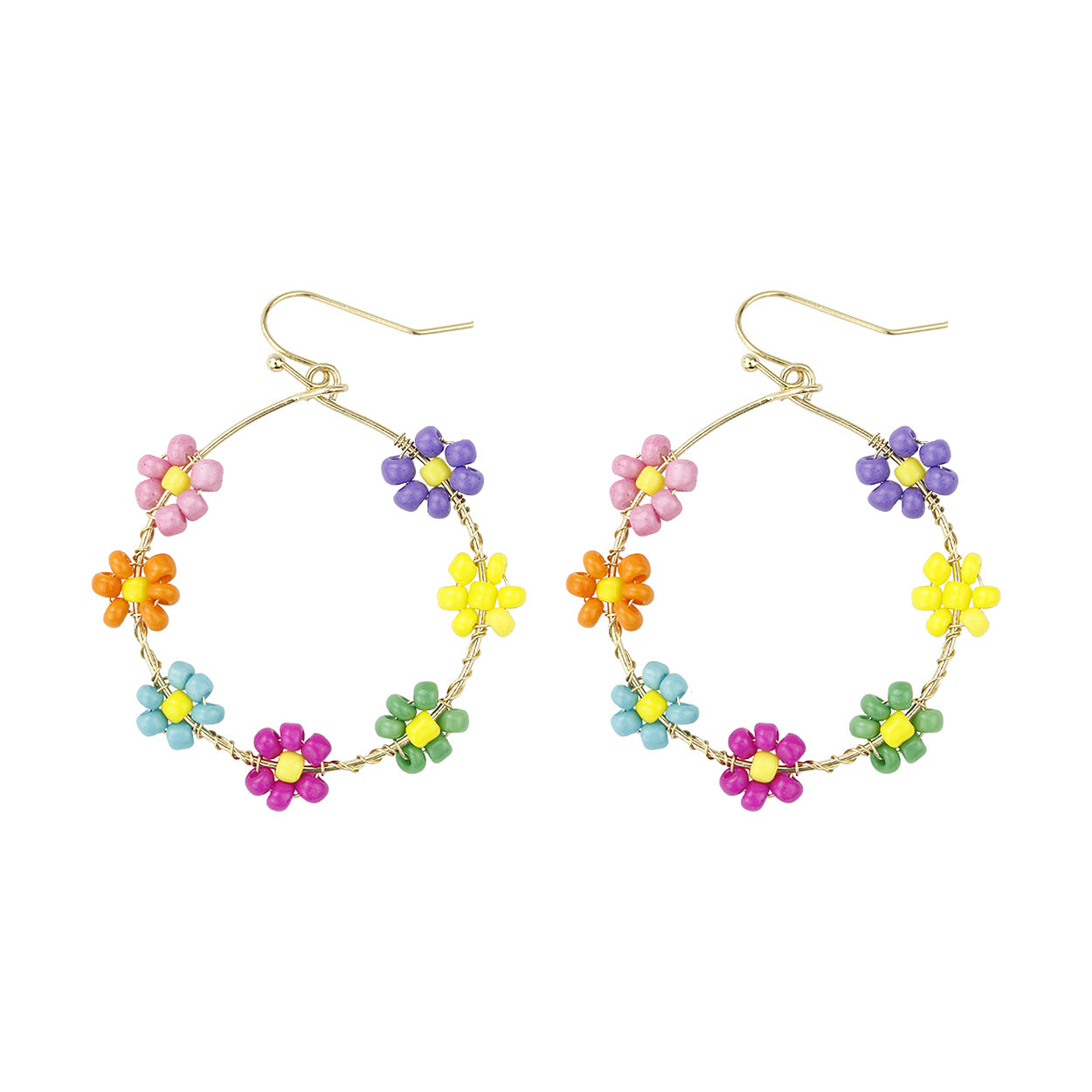 Daisy Seed Bead Floral Drop Gold Hoop Earrings - In 5 Colors