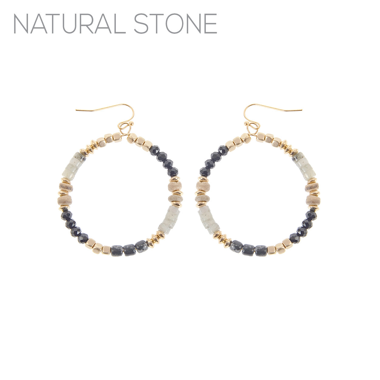 Natural Stone Beaded Dangle Hoop Earrings - In 2 Colors