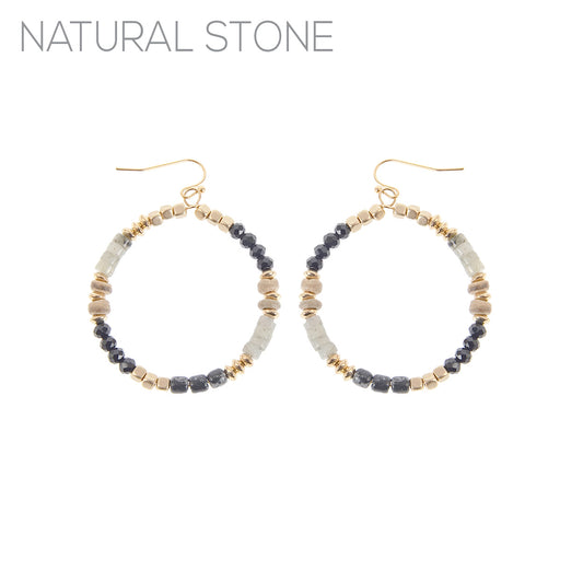 Natural Stone Beaded Dangle Hoop Earrings - In 2 Colors