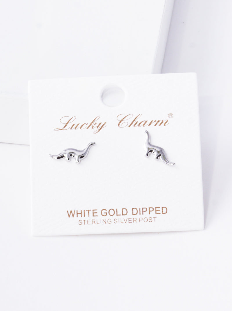 Dinosaur Post Earrings - Sterling Silver White Gold Dipped