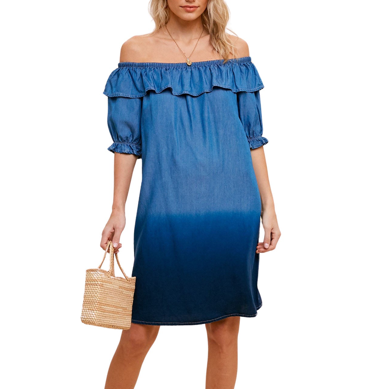 Dip Dyed Off The Shoulder Denim Dress - Blue Medium Dip Dyed Off The Shoulder Denim Dress - Blue Medium