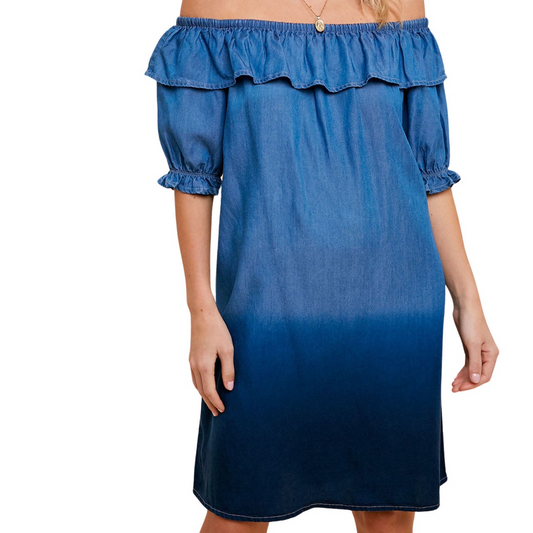Dip Dyed Off The Shoulder Denim Dress - Blue