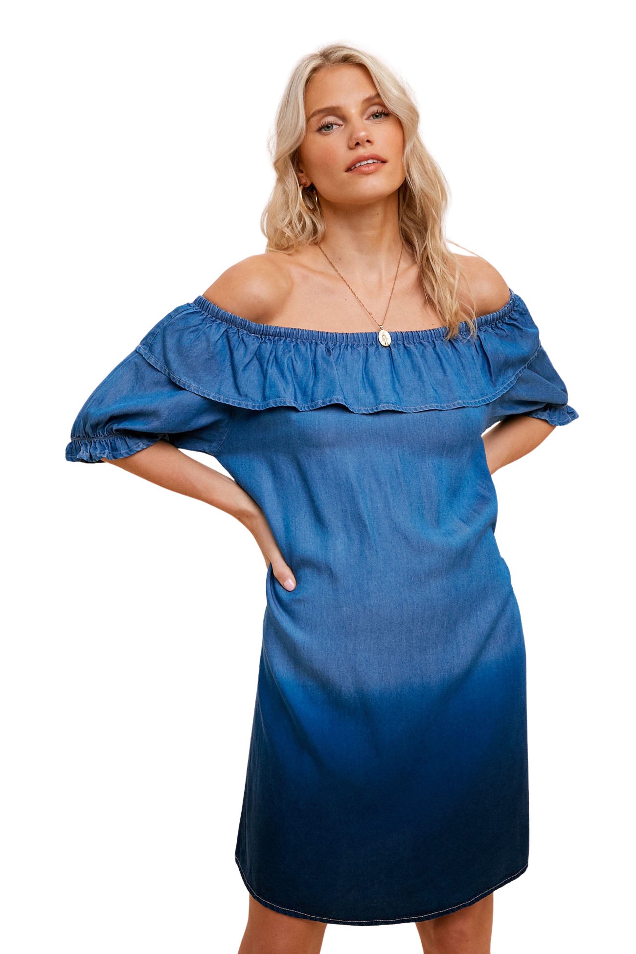 Dip Dyed Off The Shoulder Denim Dress - Blue Medium Dip Dyed Off The Shoulder Denim Dress - Blue Medium
