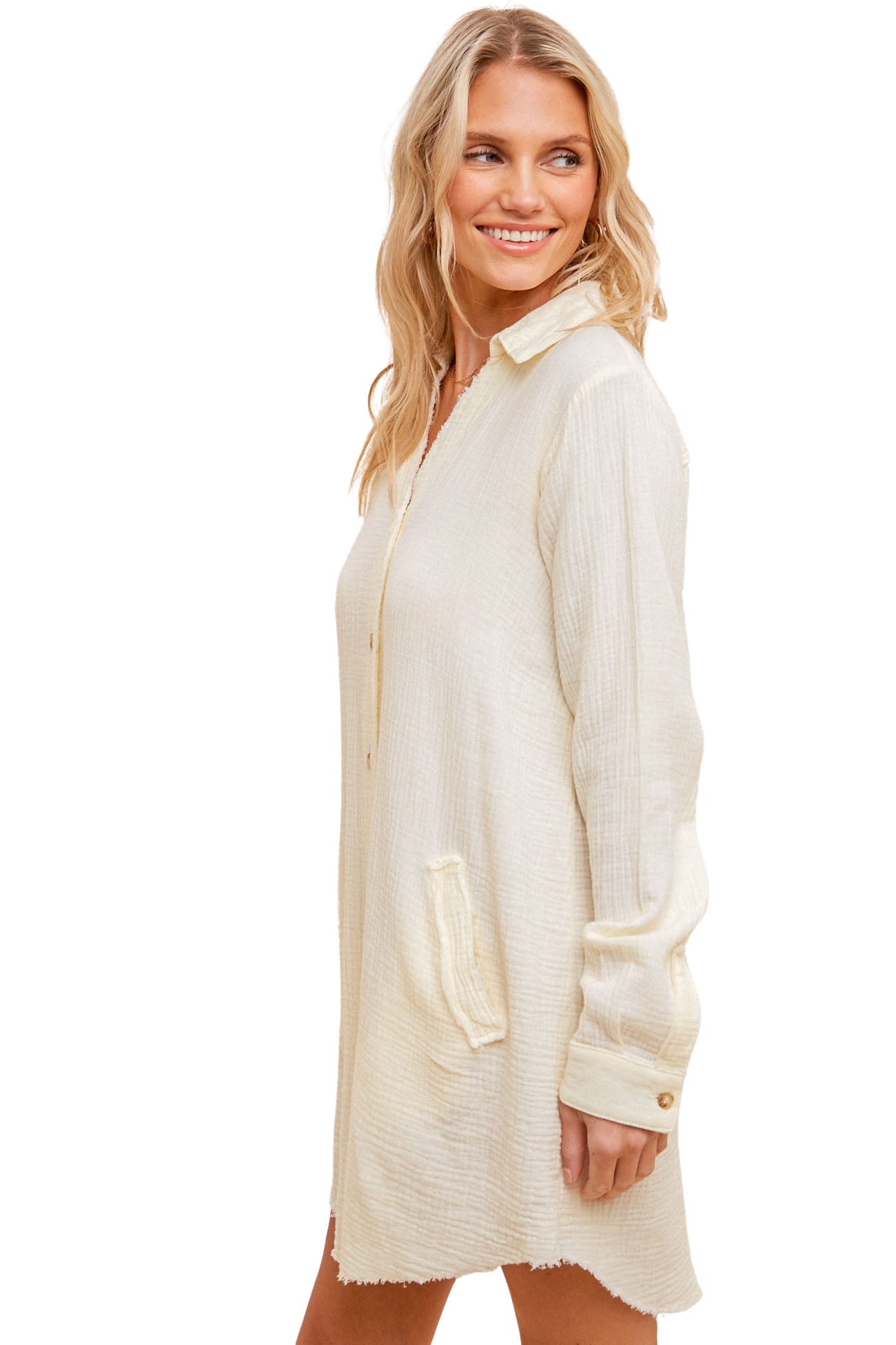 Washed Gauze 100% Cotton Oversized Button Down Tunic - Eggshell