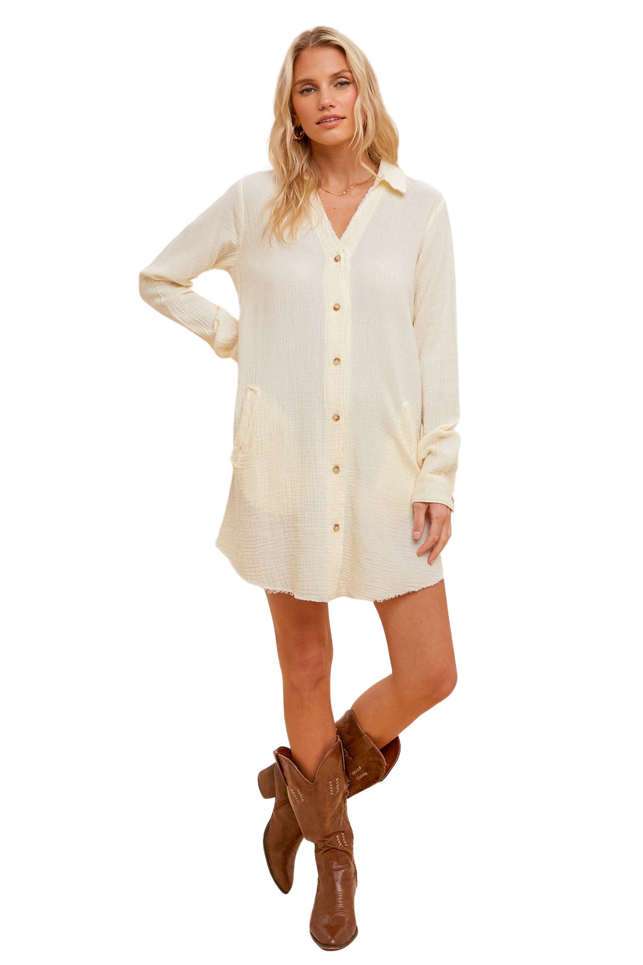 Washed Gauze 100% Cotton Oversized Button Down Tunic - Eggshell