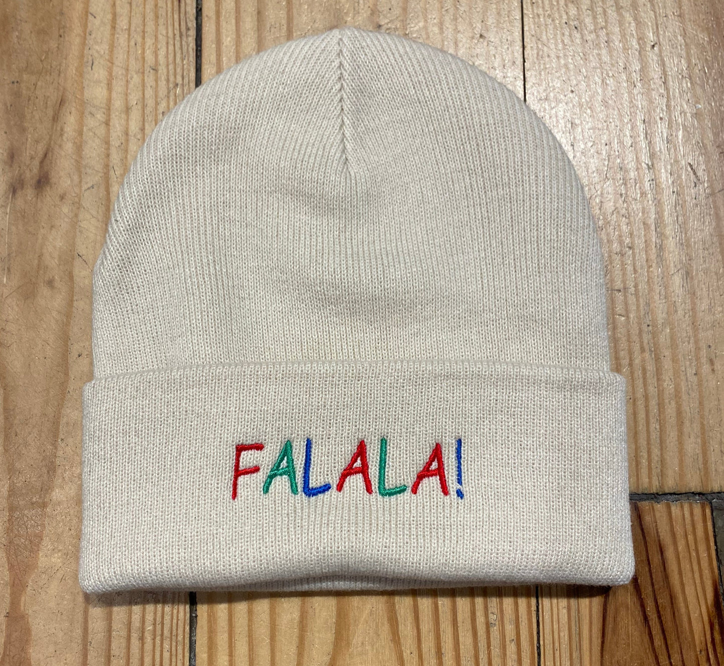 Falala! Embroidered Beige Knit Beanie