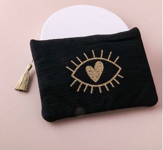 Golden Heart & Eye Black Make Up Bag With Gold Tassel