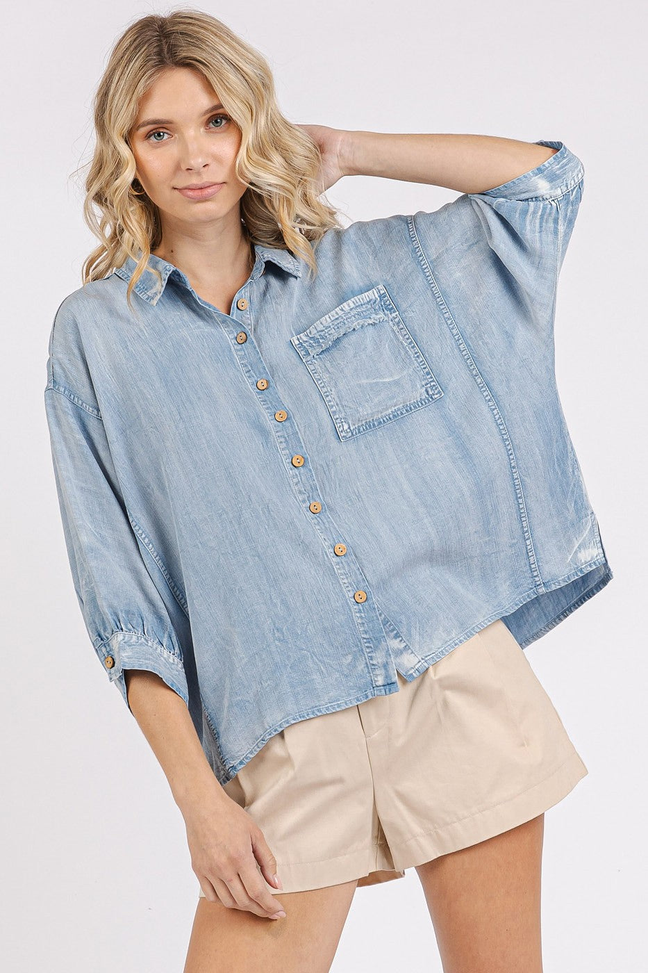 Dolman Cut Raw Wedge 3/4 Sleeve Top With Front Pocket -Light Denim