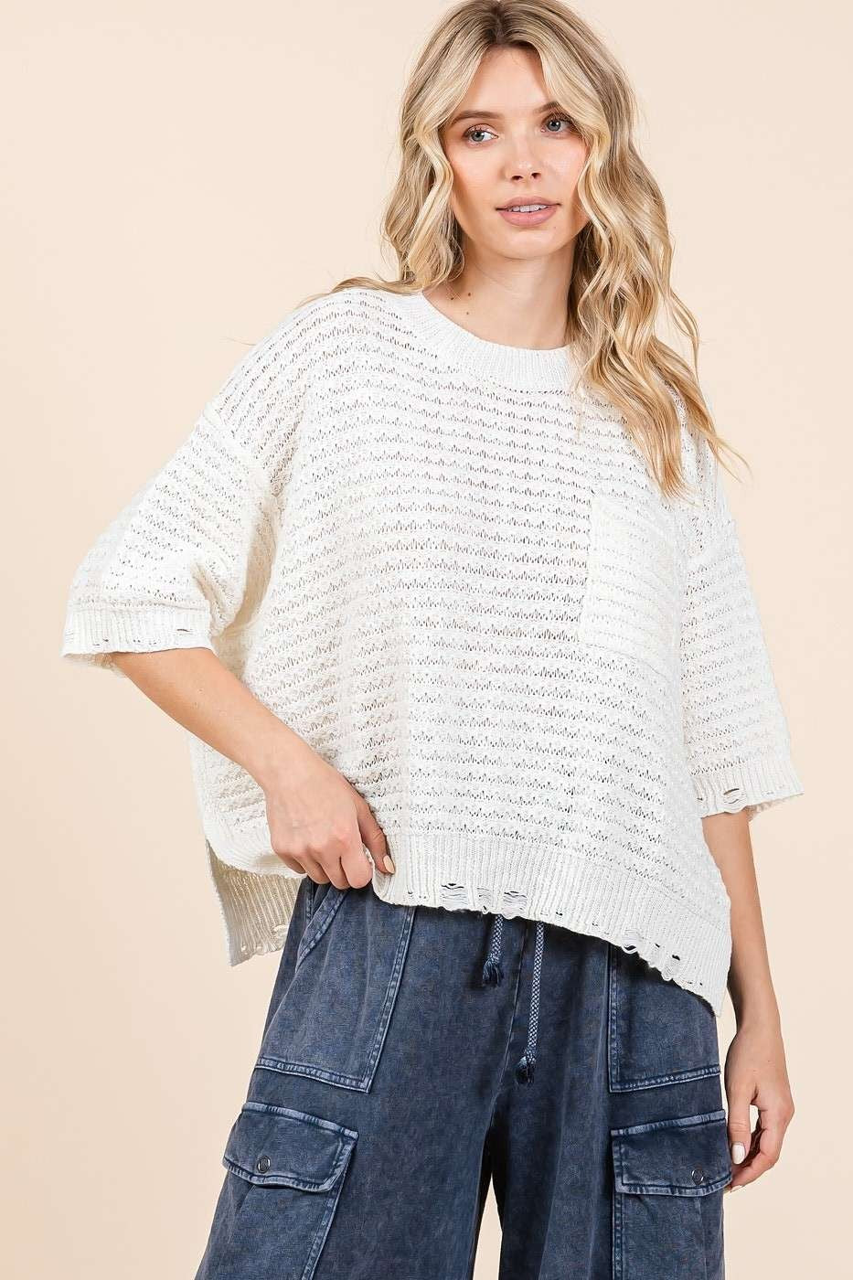 Distressed Hem Drop Shoulder Knit Sweater Top - Ivory