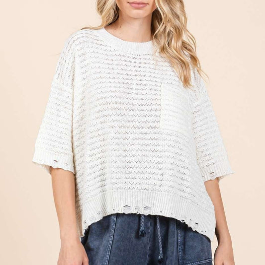 Distressed Hem Drop Shoulder Knit Sweater Top - Ivory