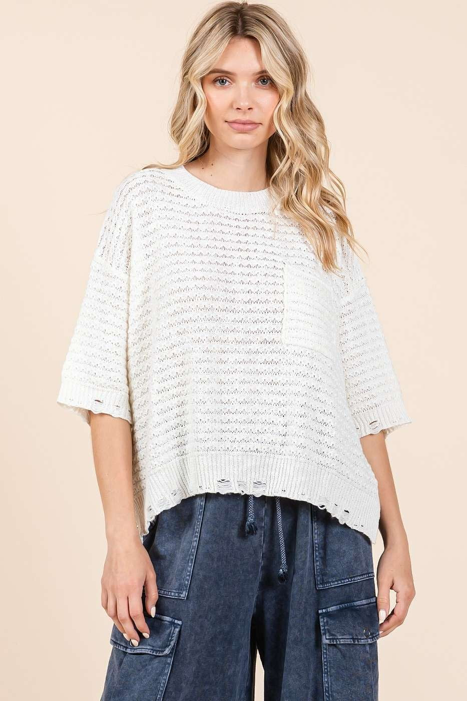 Distressed Hem Drop Shoulder Knit Sweater Top - Ivory