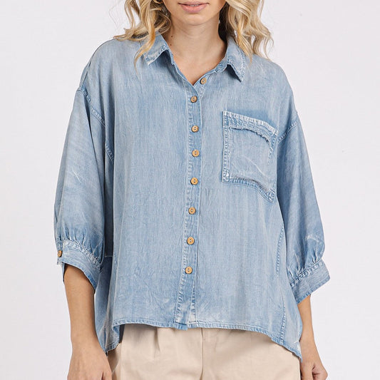 Dolman Cut Raw Wedge 3/4 Sleeve Top With Front Pocket -Light Denim