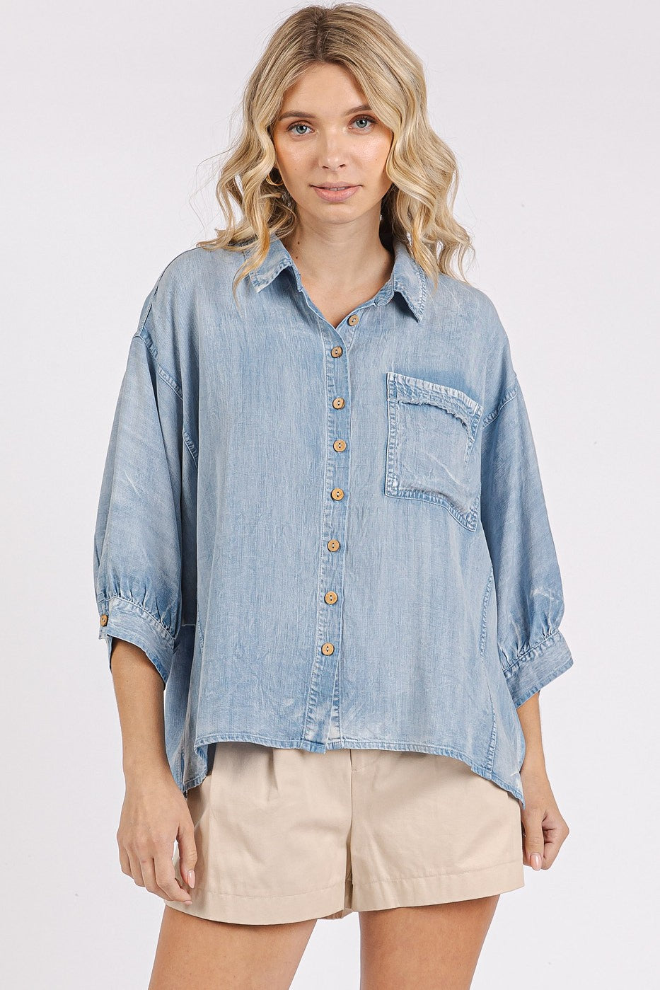 Dolman Cut Raw Wedge 3/4 Sleeve Top With Front Pocket -Light Denim