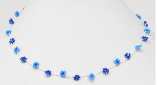 Floating Daisy Seed Bead Adjustable Necklace - Blue