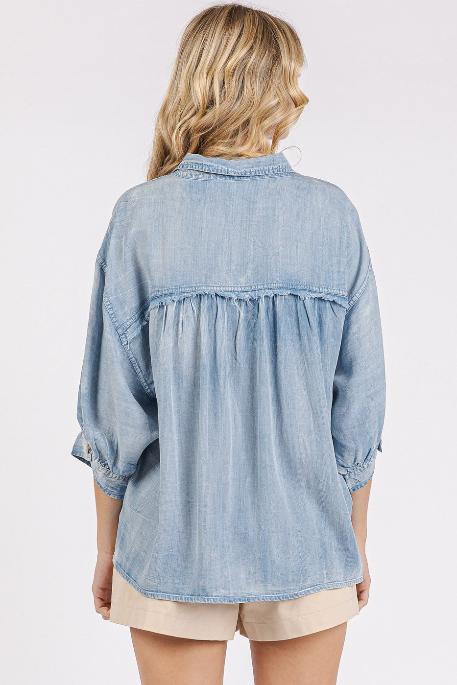 Dolman Cut Raw Wedge 3/4 Sleeve Top With Front Pocket -Light Denim