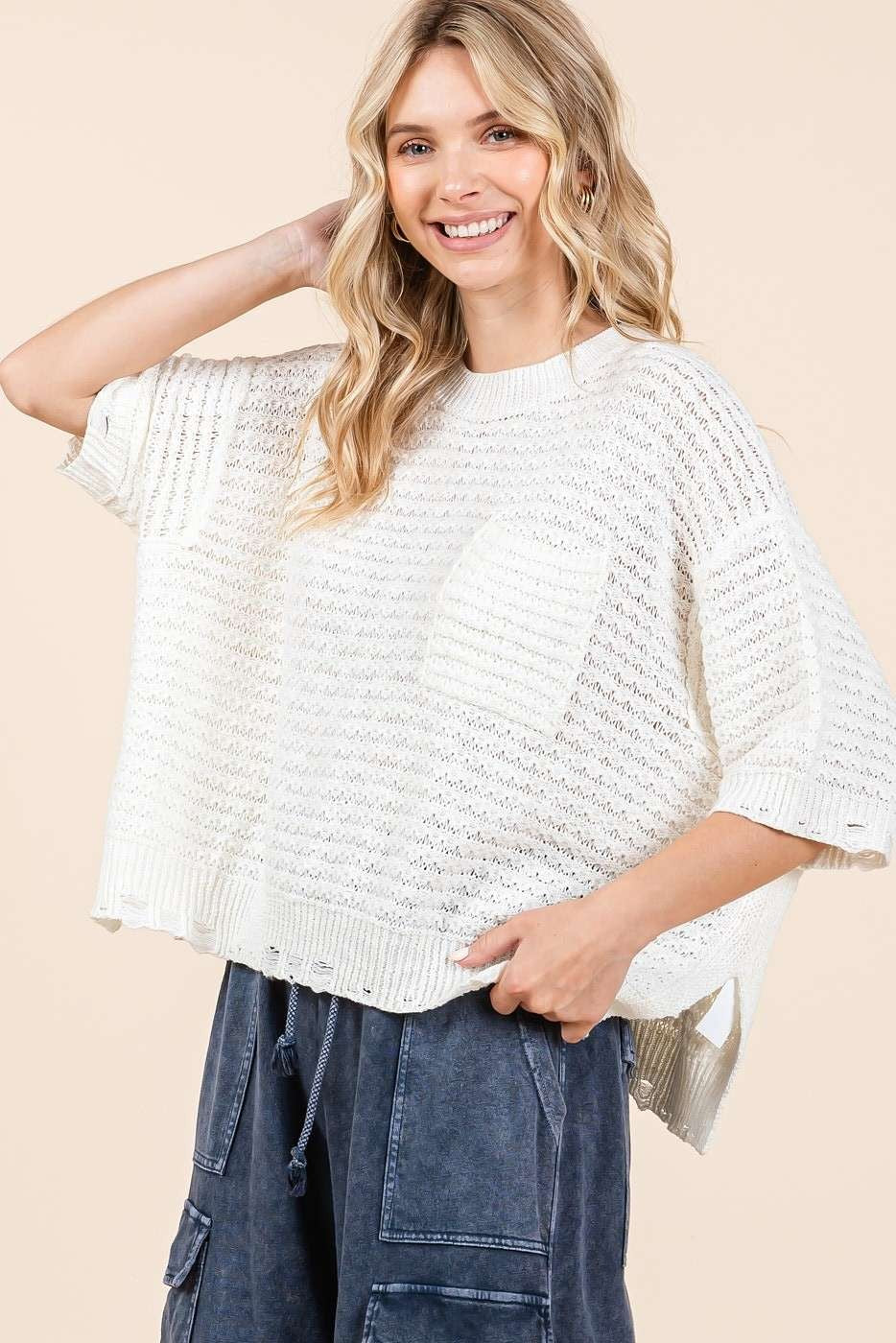 Distressed Hem Drop Shoulder Knit Sweater Top - Ivory