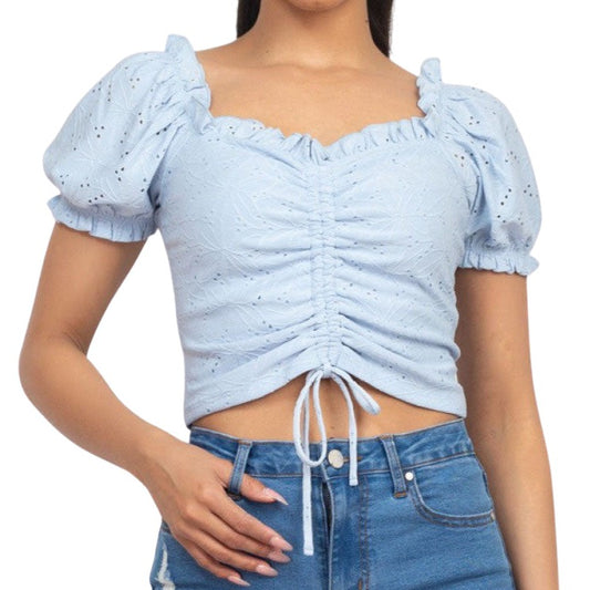 Front Ruched Short Puff Sleeve Eyelet Top - Baby Blue