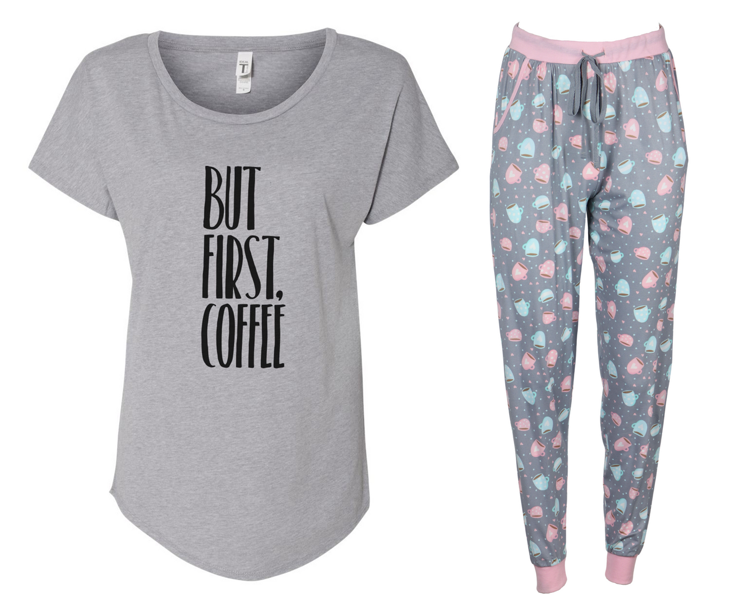 But First Coffee Jogger Grey & Pink Pajama Set