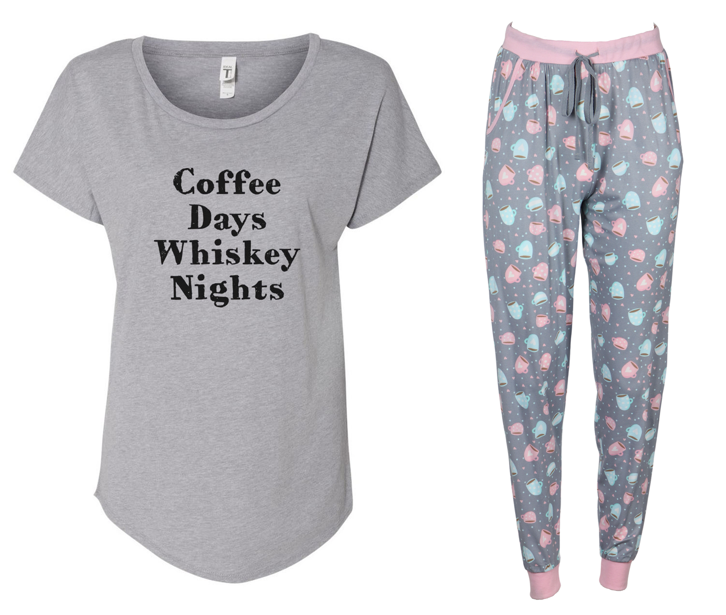 Coffee Days Whiskey Nights Jogger Grey & Pink Pajama Set