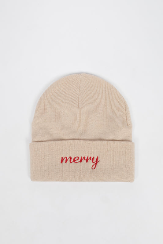 Merry Embroidered Beige Knit Beanie