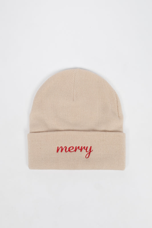Merry Embroidered Beige Knit Beanie