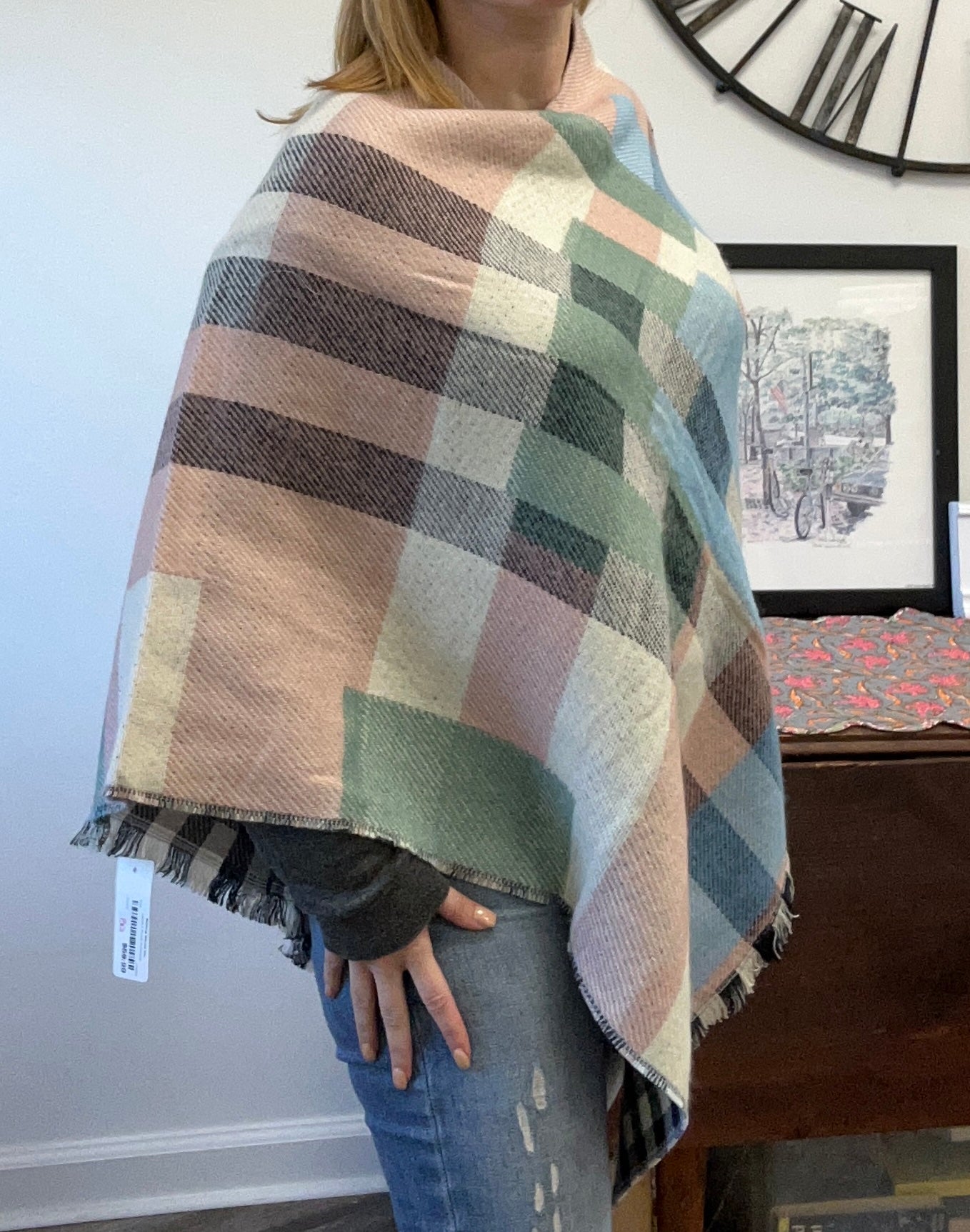 Pink & Navy Plaid Triangle Light Weight Poncho