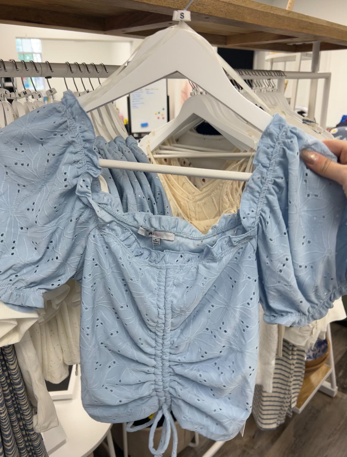 Front Ruched Short Puff Sleeve Eyelet Top - Baby Blue