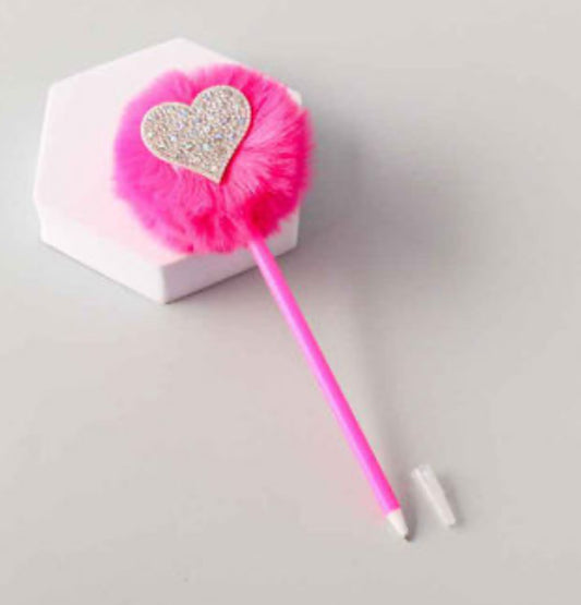 Rhinestone Heart & Puff Ball Pink Pen - In 2 Colors